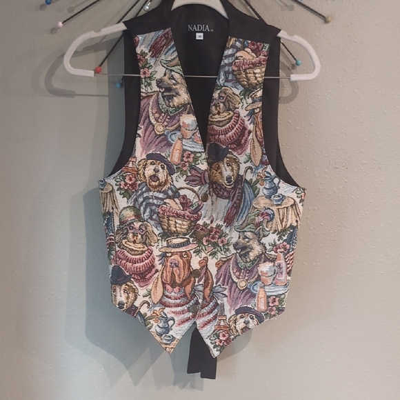 Nadia Dog Vest Vintage Y2K Button Down USA Made Italian Fabric Medium Tapestry - Picture 1 of 10